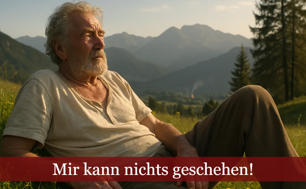 Mann auf Bergwiese. Text: Mir kann nichts geschehen