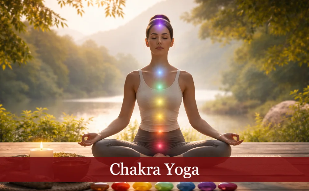 Frau meditiert am See, Chakren sind symbolisch eingezeichnet. Text: Chakra Yoga