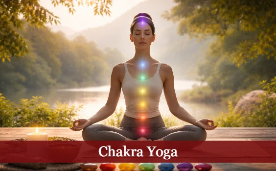 Frau meditiert am See, Chakren sind symbolisch eingezeichnet. Text: Chakra Yoga