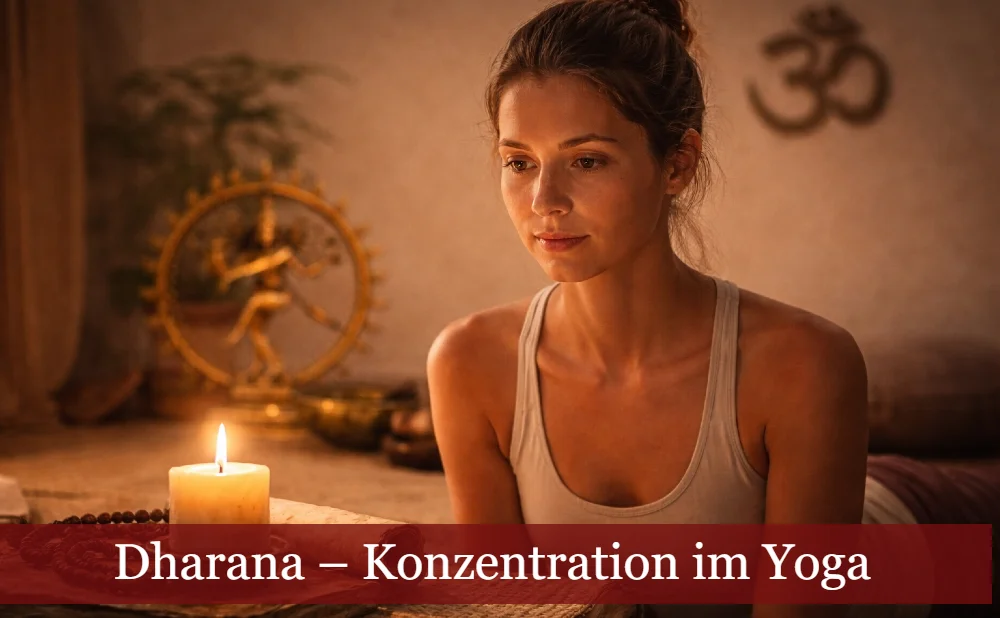 Frau konzentriert sich auf Kerze, yogische Symbole im Hintergrund. Text: Dharana - Konzentration im Yoga