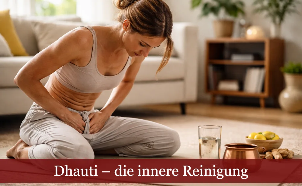 Frau beim Ausführen von Dhauti im Wohnzimmer. Text: Dhauti – die innere Reinigung