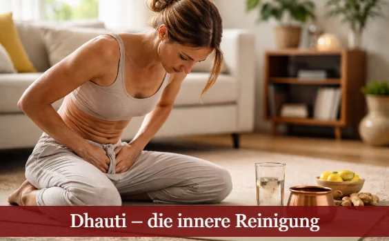 Frau beim Ausführen von Dhauti im Wohnzimmer. Text: Dhauti – die innere Reinigung