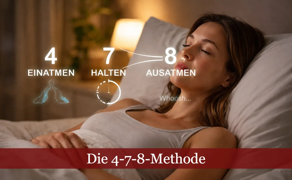 Frau liegt im Bett und wendet die 4-7-8-Methode an