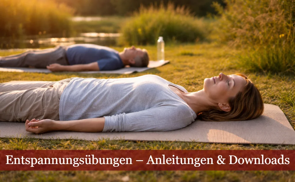 Mann und Frau machen Entspannungsübungen im Park. Text: Entspannungsübungen - Anleitungen und Downloads