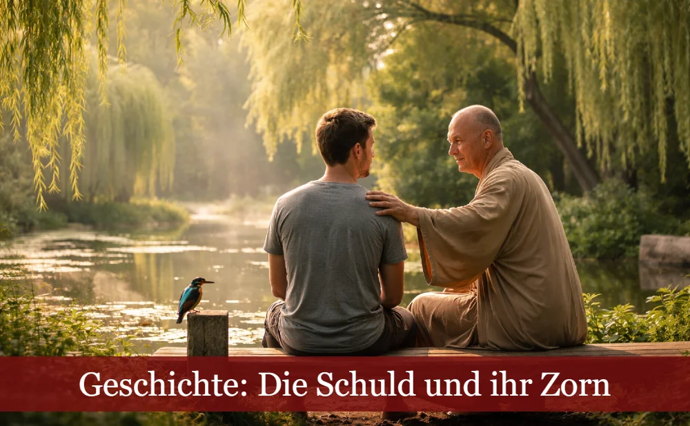 Alter weiser Mann und junger Mann sitzen an einem See. Text: Geschichte: Die Schuld und ihr Zorn