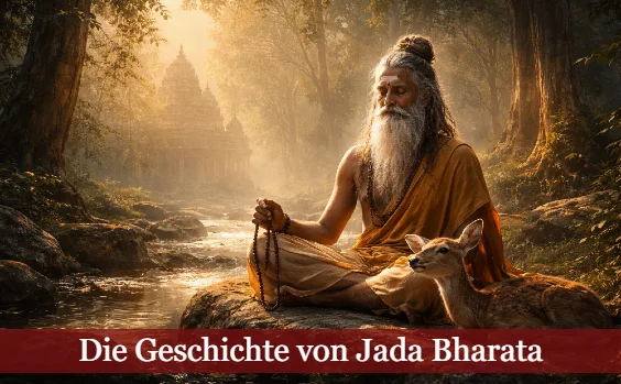 Ein Heiliger sitzt an einem Fluss meditierend neben einem Reh. Im Hintergrund sieht man einen Tempel. Text: Die Geschichte von Jada Bharata
