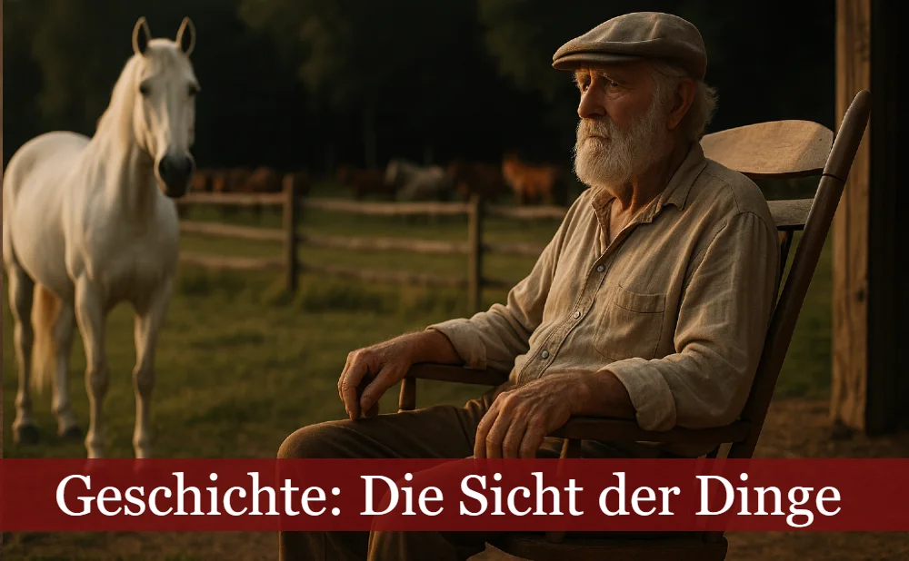Ein alter Mann im Schaukelstuhl auf einer Weide mit einem weißen Pferd. Text: Geschichte: Die Sicht der Dinge