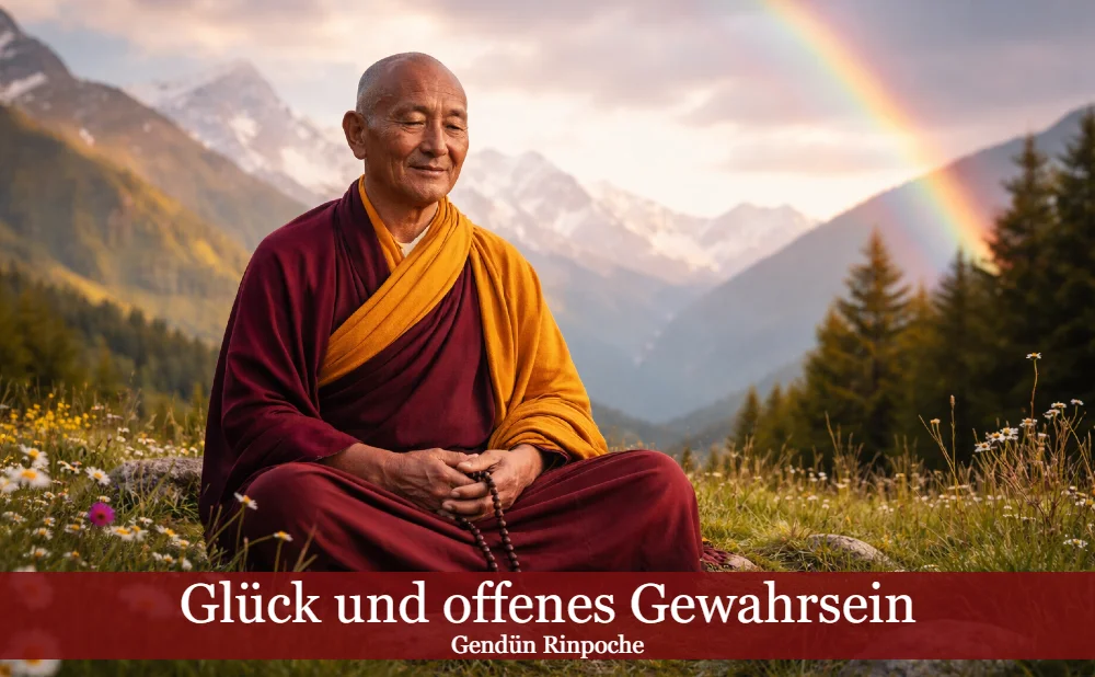 Mönch in Meditation in den Bergen. Text: Glück und offenes Gewahrsein von Gendün Rinpoche