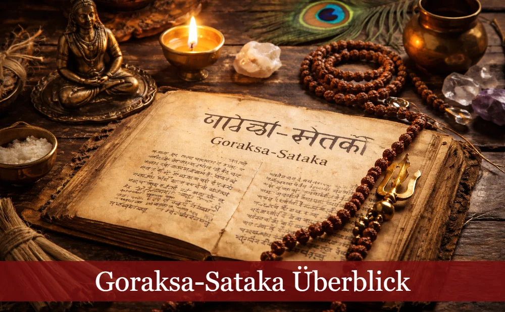 Goraksa-Sataka aufgeschlagen mit Sanskrit-Text auf Schreibtisch mit Yoga-Symbolen. Text: Goraksa-Sataka Überblick