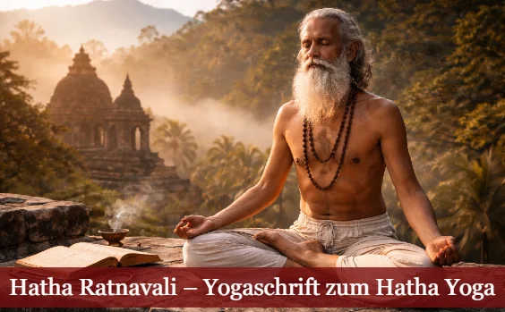 Yogi meditiert vor Tempel in den Bergen. Text: hatha Ratnavali - Yogaschrift zum Hatha Yoga