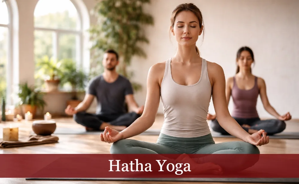 Frau in Meditationssitz. Text: Hatha Yoga