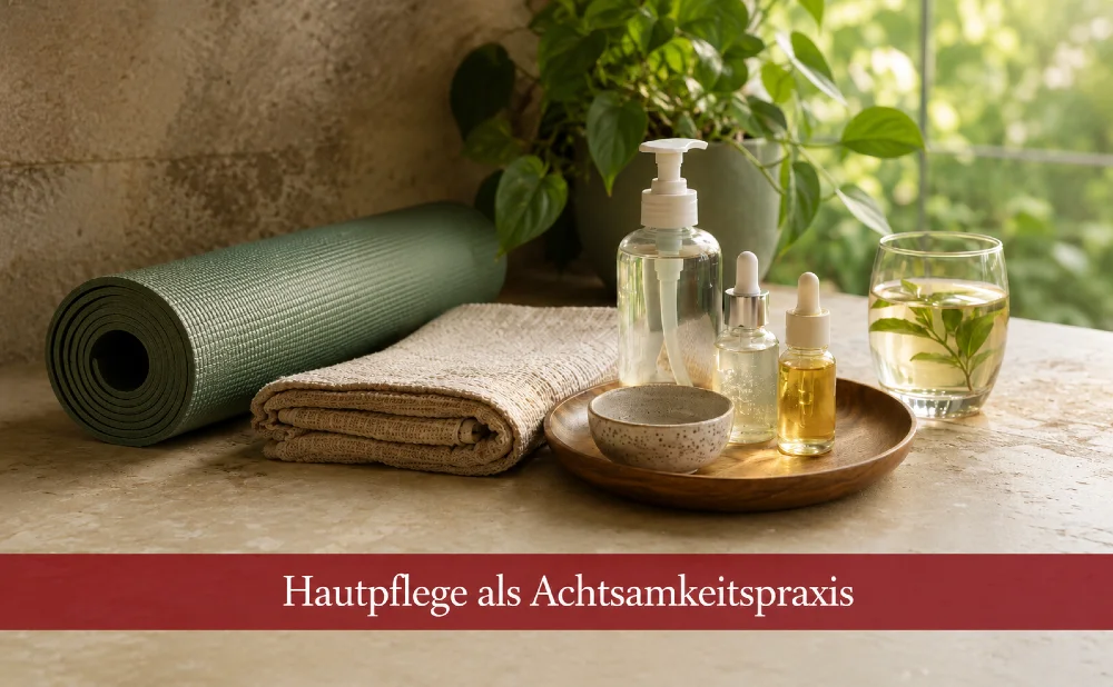 Symbolbild Hautpflege und Yoga. Text: Hautpflege als Achtsamkeitspraxis