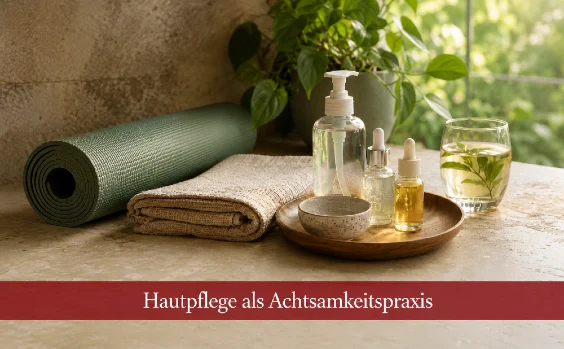 Symbolbild Hautpflege und Yoga. Text: Hautpflege als Achtsamkeitspraxis