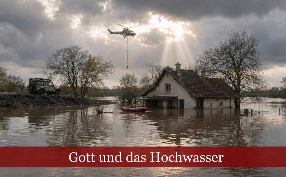 Hochwasserszene. Text: Gott und das Hochwasser