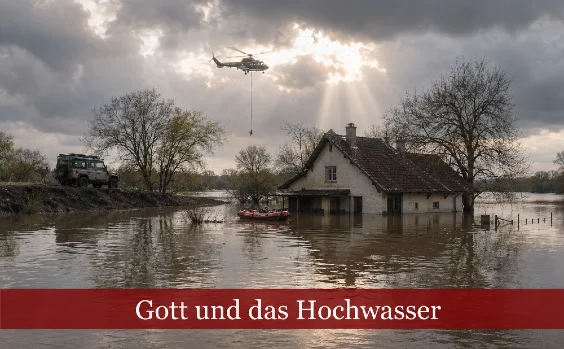 Hochwasserszene. Text: Gott und das Hochwasser