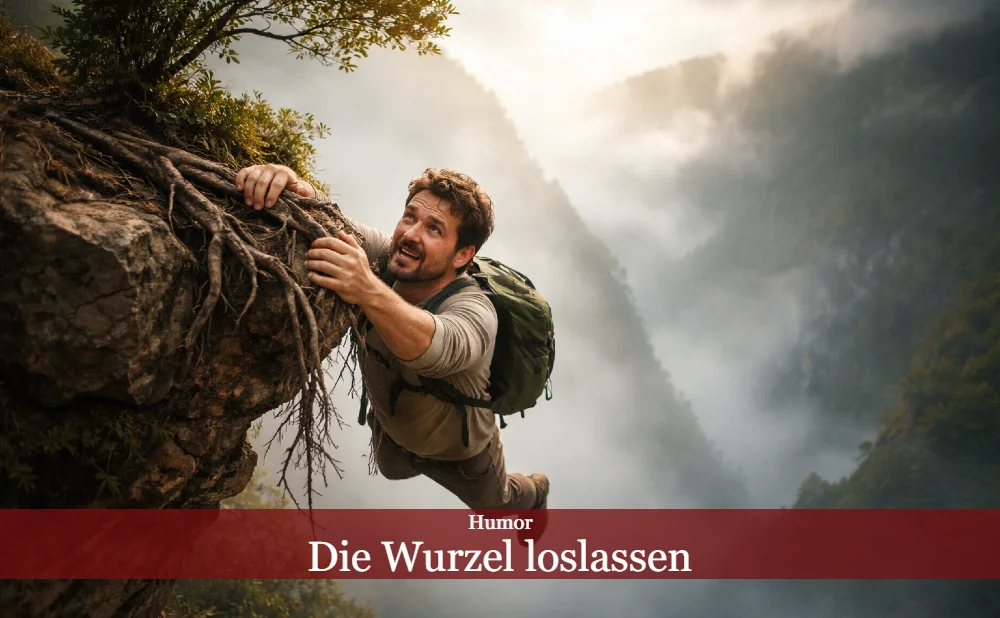 Mann hängt über einem Abgrund an einer Baumwurzel. Text: Humor, Die Wurzel loslassen