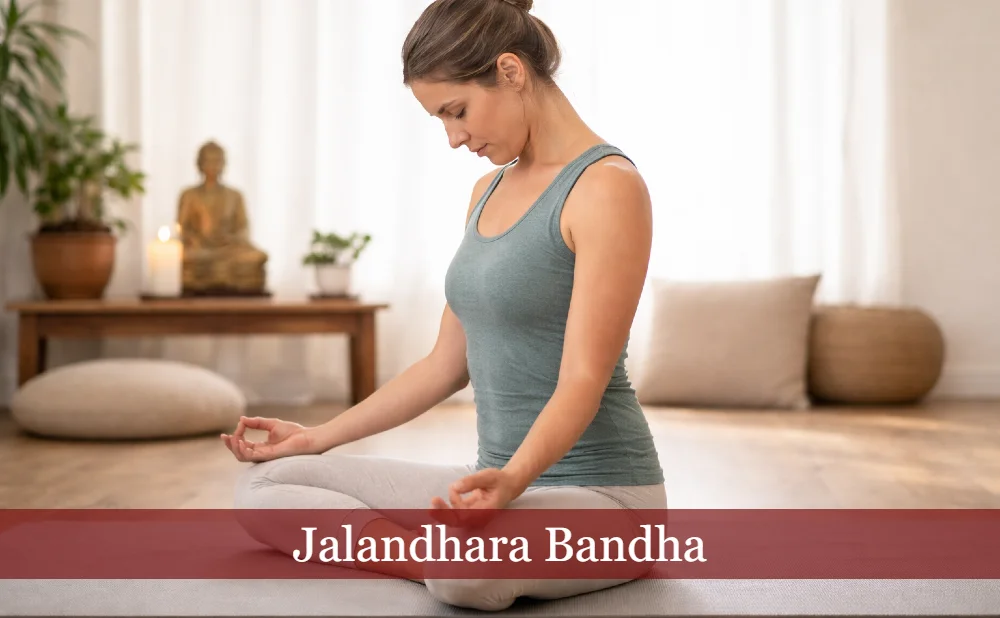 Frau übt Jalandhara Bandha im Wohnzimmer