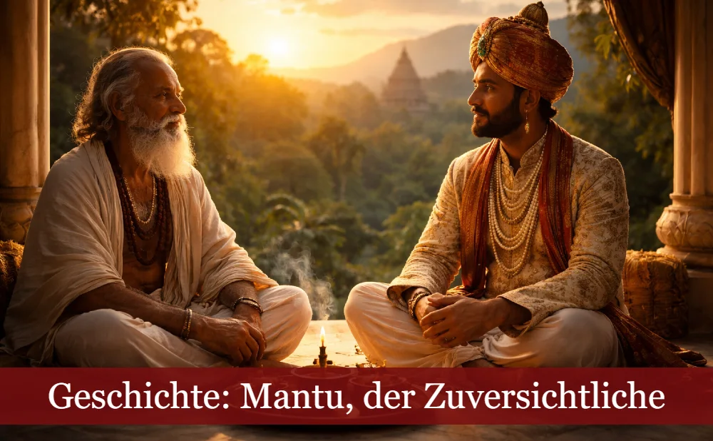 Ein Maharaja und ein alter Mann vor orientalischem Hintergrund. Text: Geschichte Mantu der Zuversichtliche
