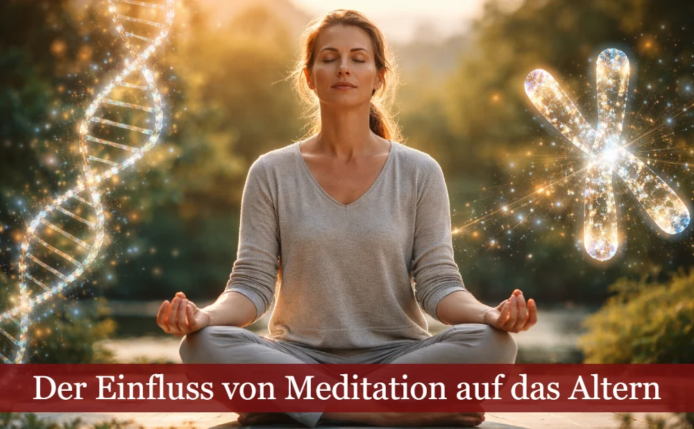 Frau meditiert, um sie herum eine Doppelhelix und ein Chromosom. Text: Der Einfluss der Meditation auf das Alterrn