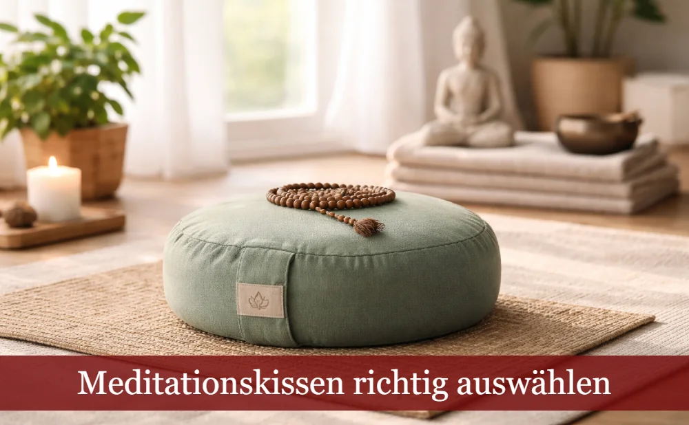 Grünes Meditationskissen im Wohnzimmer. Text: Meditationskissen richtig auswählen