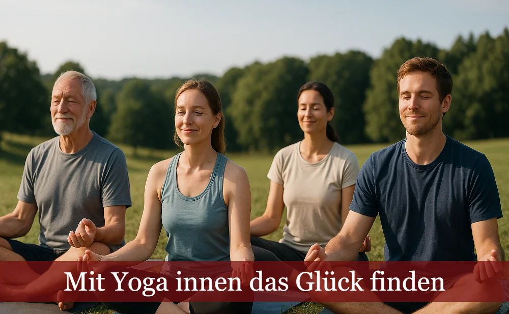 Mit Yoga Glück finden: Gruppe Meditierender vor Wald und Wiese