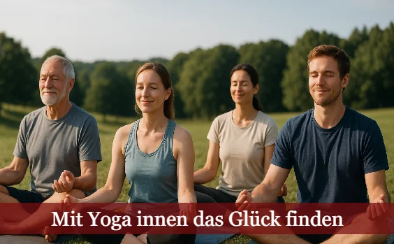 Mit Yoga Glück finden: Gruppe Meditierender vor Wald und Wiese