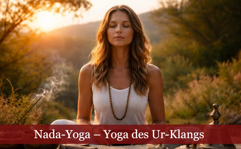 Frau beim Meditieren im Sonnenuntergang. Text: Nada Yoga – Yoga des Ur-Klangs