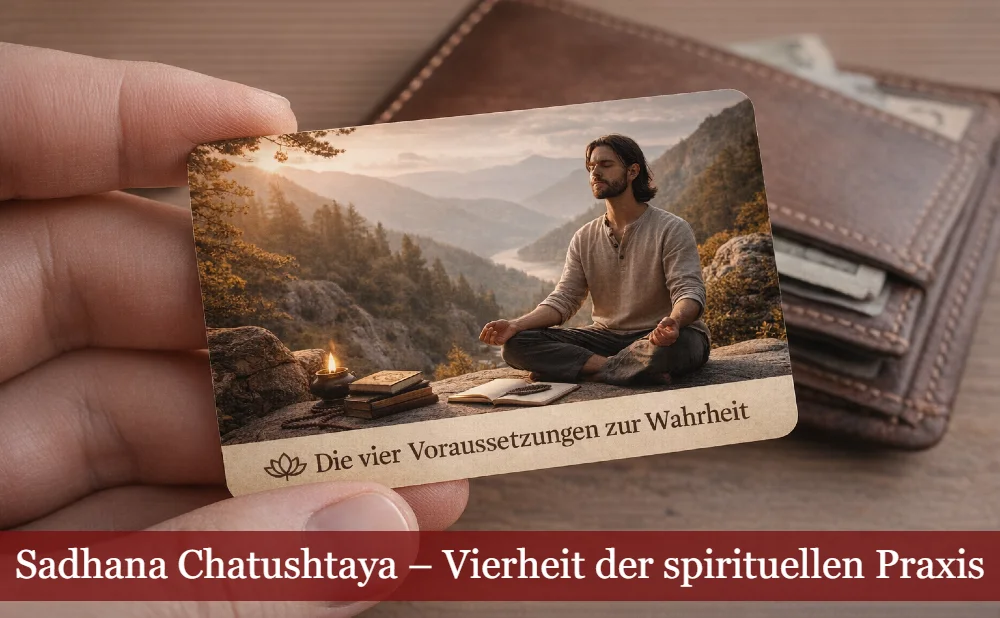 Hand hält Karte mit meditierendem Mann. Text: Die vier Voraussetzungen der Wahrheit, Sadhana Catushtaya - Vierheit der spirituellen Praxis