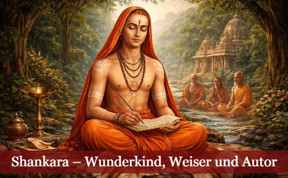Junger Mönch schreibt auf ein Papyrus. Text: Shankara - Wunderkind, Weiser und Autor