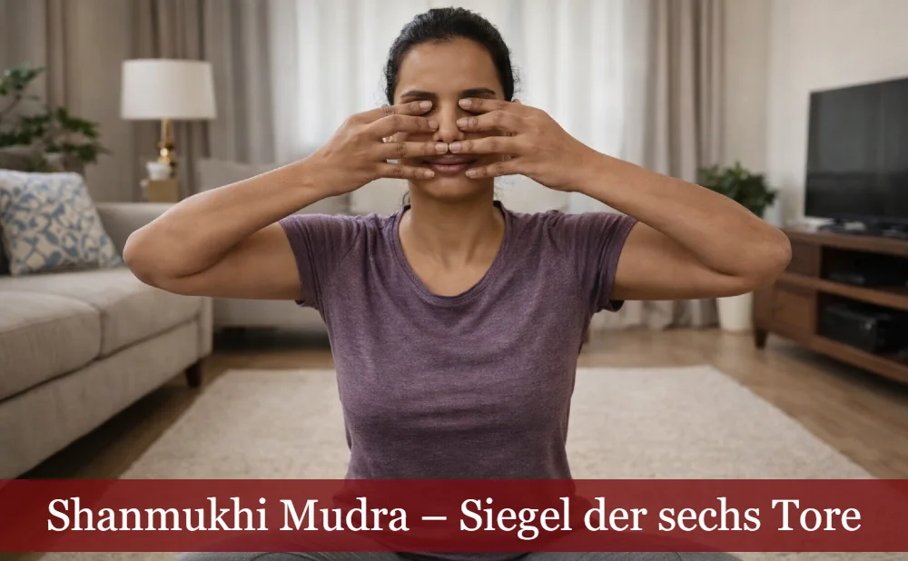 Frau beim Ausführen von Shanmukhi Mudra. Text: Shanmukhi Mudra – Siegel der sechs Tore