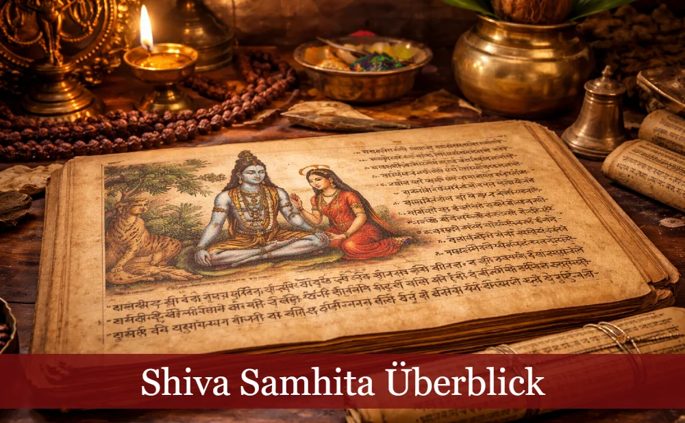 Die Shiva Samhita aufgeschlagen auf einem Schreibtisch voller Yoga-Symbole. Text: Shiva Samhita Überblick