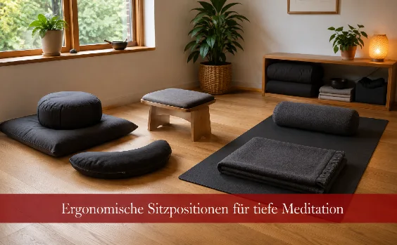 Ein Yogaraum mit verschiedenen Sitzpositionen. Text: Ergonomische Sitzpositionen für die tiefe Meditation
