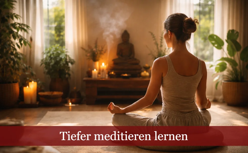 Frau beim Meditieren im Wohnzimmer. Text: Tiefer meditieren lernen