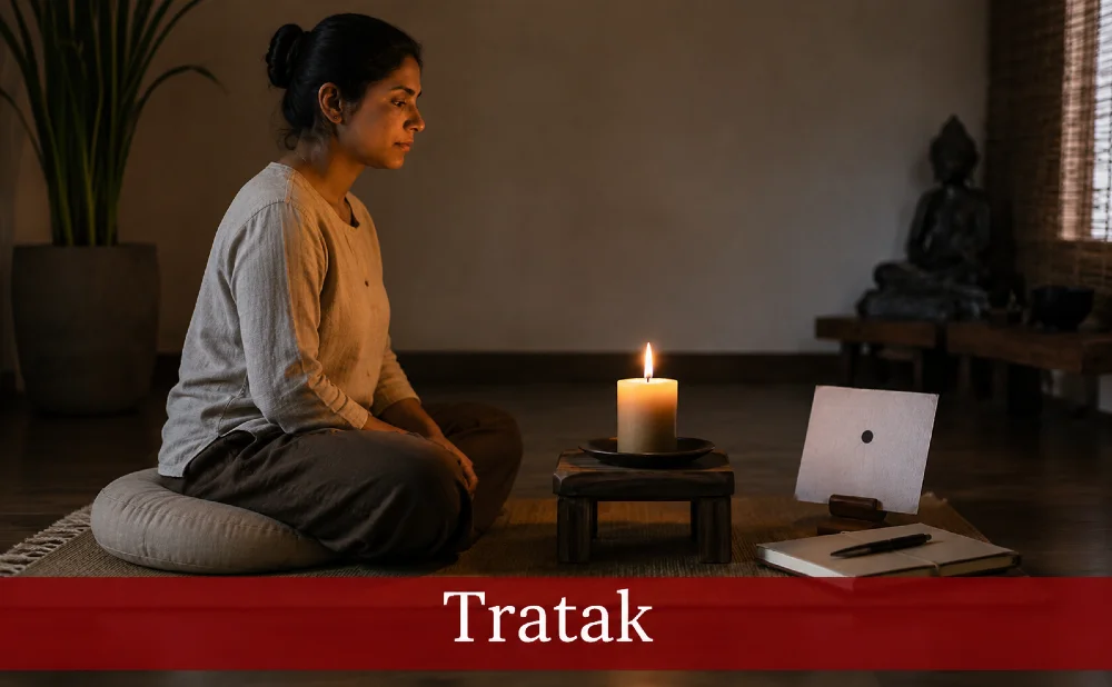 Frau beim Üben von Tratak mit einer Kerze