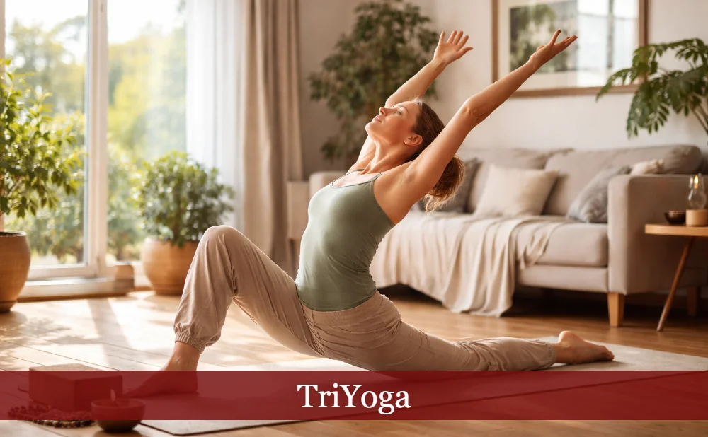 Frau im Wohnzimmer beim Triyoga. Text: TriYoga