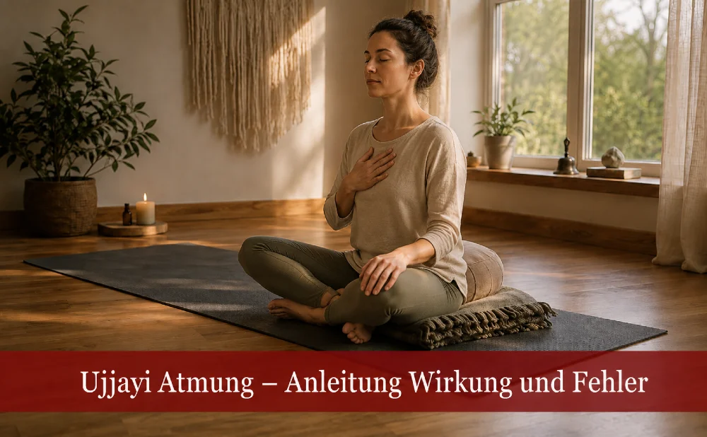 Frau bei der Ujjayi-Atmung in einem Yogaraum. Text: Ujjayi Atmung Anleitung: Wirkung, Ausführung & Fehler