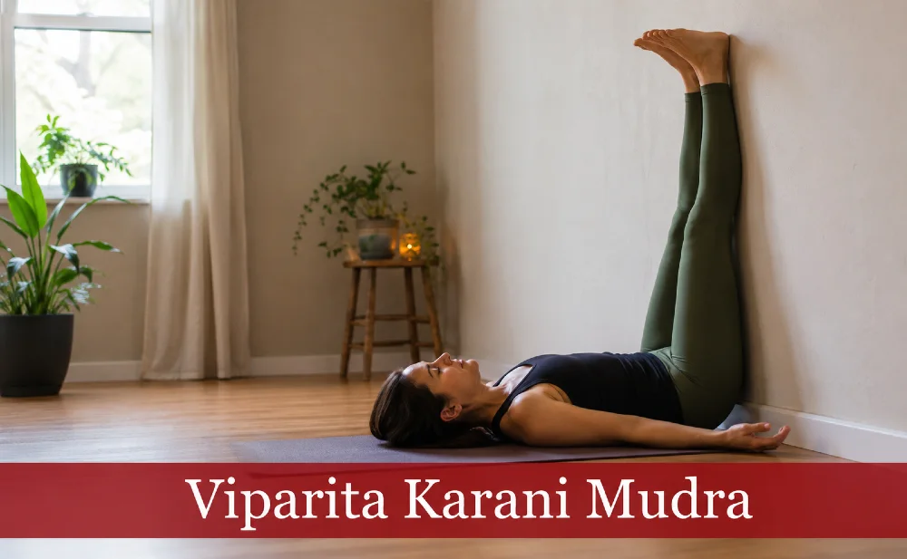 Frau übt an einer Wand Viparita Karani Mudra