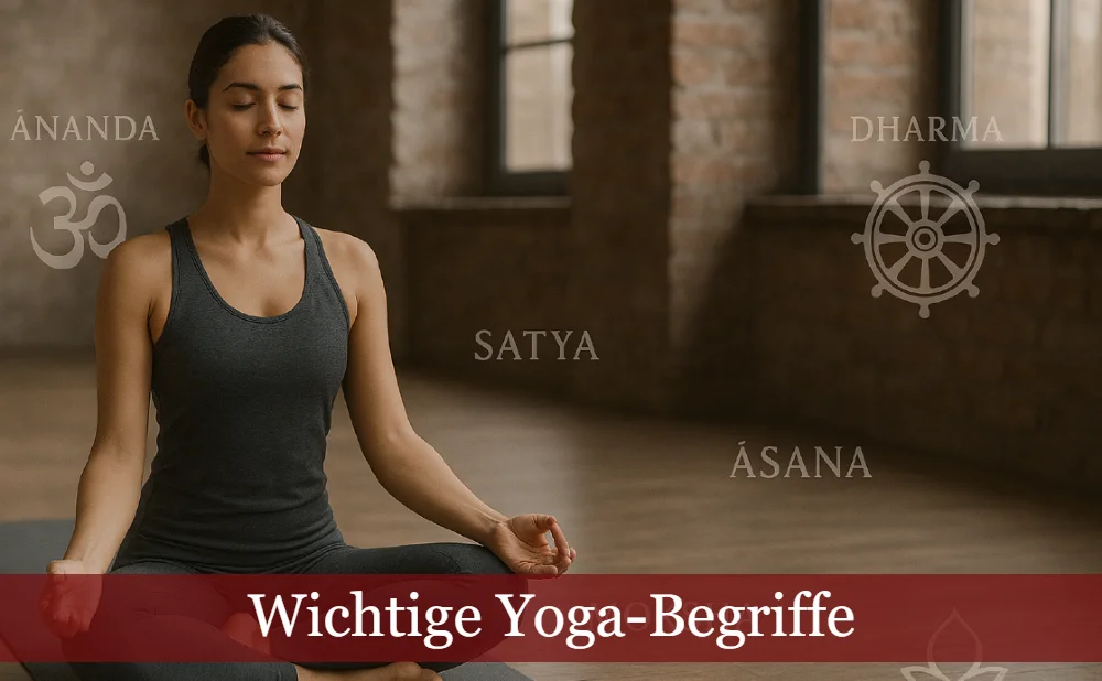 Meditierende Frau, um sie herum Yoga-Begriffe