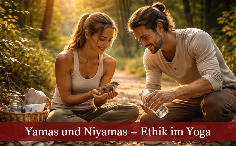 Mann und Frau beim Füttern eines Vogels im Wald. Text: Yamas und Niyamas: Ethik im Yoga