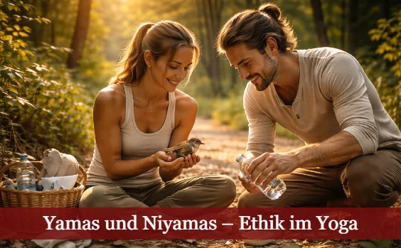 Mann und Frau beim Füttern eines Vogels im Wald. Text: Yamas und Niyamas: Ethik im Yoga