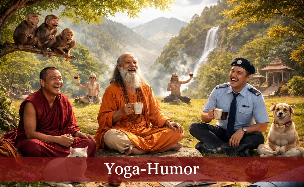 Lachende Menschen (Mönch, Polizist, Yogi ...) auf einer Wiese. Text: Yoga-Humor