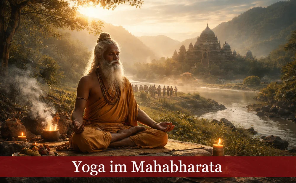 Alter Yogi meditiert mit Blick auf ein Tal und eine alte indische Stadt. Text: Yoga im Mahabharata