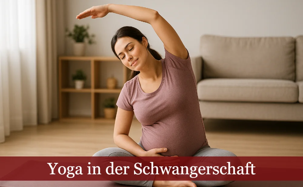 Schwangere Frau lehnt sich zur Seite - Text: Yoga in der Schwangerschaft