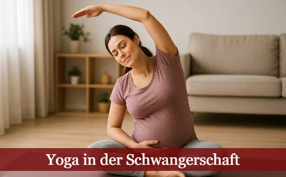 Schwangere Frau lehnt sich zur Seite - Text: Yoga in der Schwangerschaft