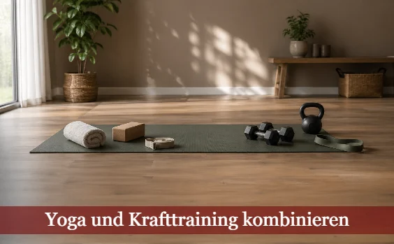 Yogaraum mit Matte und Gewichten. Text: Yoga und Krafttraining kombinieren