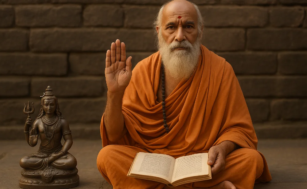 Yoga-Mönch mit erhobener Hand und alter Schrift, daneben steht die Statue einer Göttin