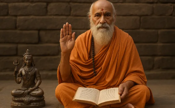 Yoga-Mönch mit erhobener Hand und alter Schrift, daneben steht die Statue einer Göttin