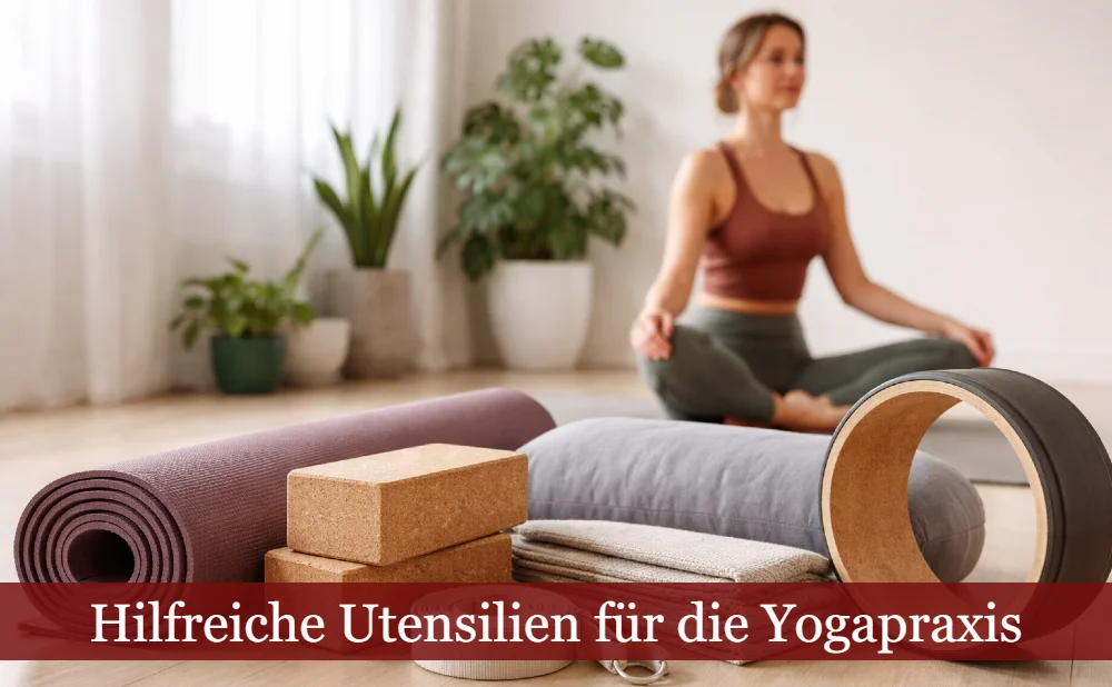 Vordergrund: Yoga-Utensilien. Hintergrund: Frau, die Yoga macht. Text: Hilfreiche Utensilien für die Yogapraxis