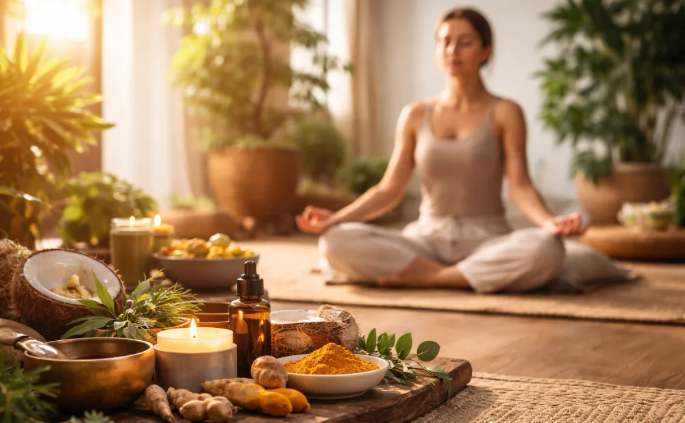 Frau meditiert im Hintergrund, im Vordergrund Wellness-Produkte