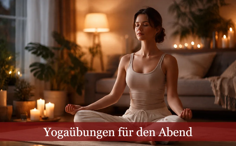 Frau im Meditationssitz im Wohnzimmer bei Kerzenschein. Text: Yogaübungen für den Abend